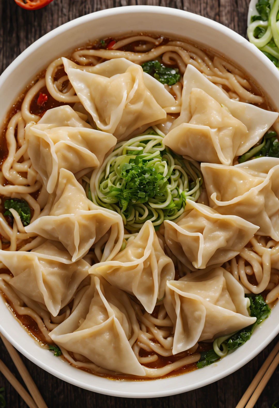 Close-up of wonton noodles, at centre, hyper HD, Best quality at best, high detal