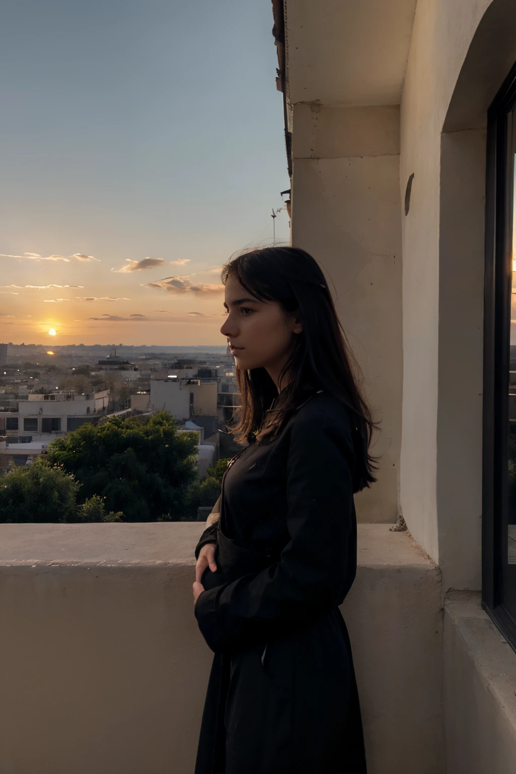 Nous faisant face, Jeune fille mexicaine ,un peu tan skin, qui est enceinte haut noir, Jupe moulante noire, Botte noire, Paysage urbain, building, horizon, coucher de soleil, silhouette contre les nuages, contemplatif.
