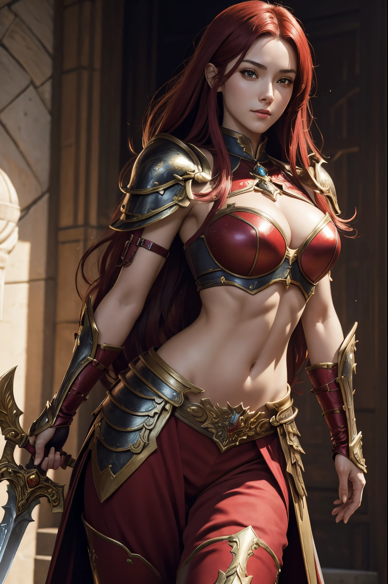 8K,Close-up of a goddess with a sacred sword, gorgeous big chest chest armor, Sexy super beautiful woman(Like the real thing)Goddess of battle,slender body,Muscular macho,A charming smile,Has a large and luxurious holy sword,beautiful long red hair,strongly cracked abdominal muscles,A sexy,very detailed Artgerm, Alexandra Fomina Artstation, 2. 5 d cgi anime fantasy artwork, lady in red armor, armor girl, fanart best artstation, Stunning character art, cushart krenz key art feminine, chengwei pan on artstation,超A high resolution,Luxury red large mist chest armor,luxury red combat pants,gorgeous red gauntlet,luxury red shoulder armor,luxurious red waist armor,Fantasyart,Split abs,