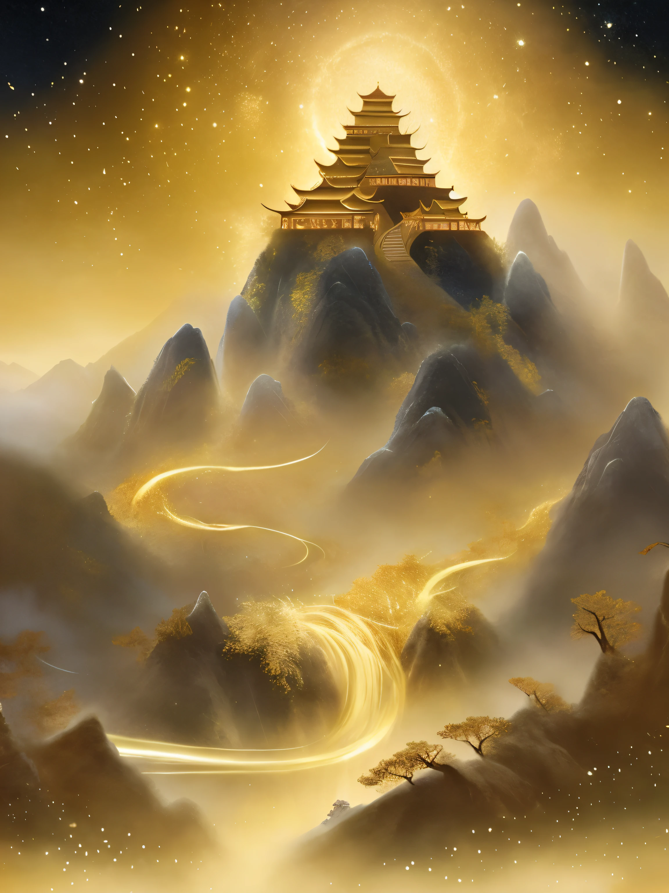 a mountain painting,There is a tower on it，Fantasyart, Fantastic and magical，Fantastic landscape, Hidden paintings, Chinese-style illustration，The story of the starry sky，Beautiful artistic conception，detailed matte painting, The stars are very bright，Dazzling light and shadow powder depiction，high-definition photography