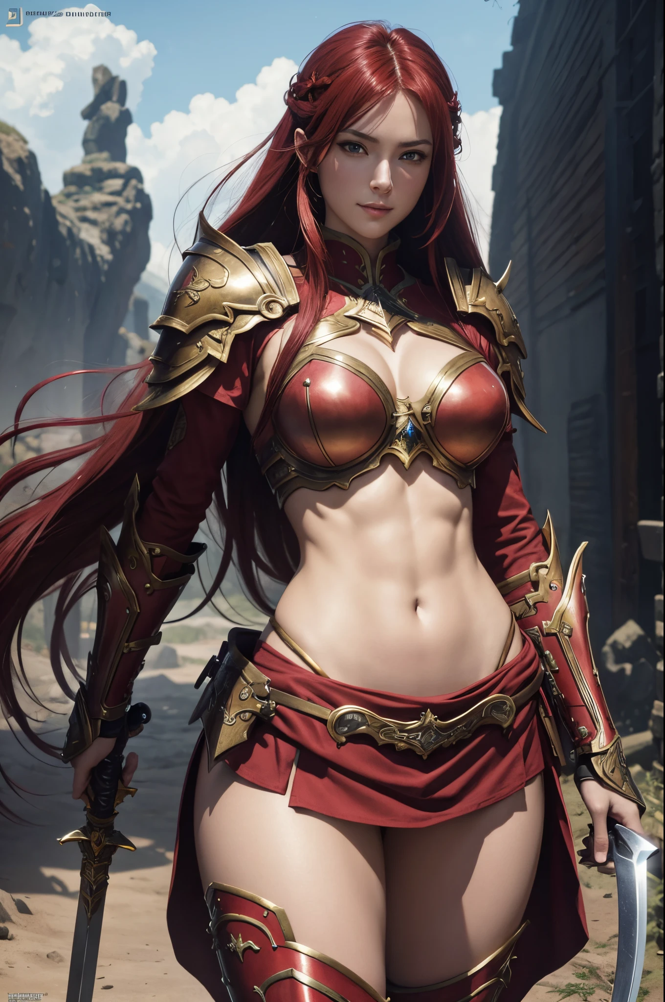 8K,Close-up of a goddess with a sacred sword, gorgeous big chest chest armor, Sexy super beautiful woman(Like the real thing)Goddess of battle,slender body,Muscular macho,A charming smile,Has a large and luxurious holy sword,beautiful long red hair,strongly cracked abdominal muscles,A sexy,very detailed Artgerm, Alexandra Fomina Artstation, 2. 5 d cgi anime fantasy artwork, lady in red armor, armor girl, fanart best artstation, Stunning character art, cushart krenz key art feminine, chengwei pan on artstation,超A high resolution,Luxury red large mist chest armor,luxury red combat pants,gorgeous red gauntlet,luxury red shoulder armor,luxurious red waist armor,Fantasyart,Split abs,