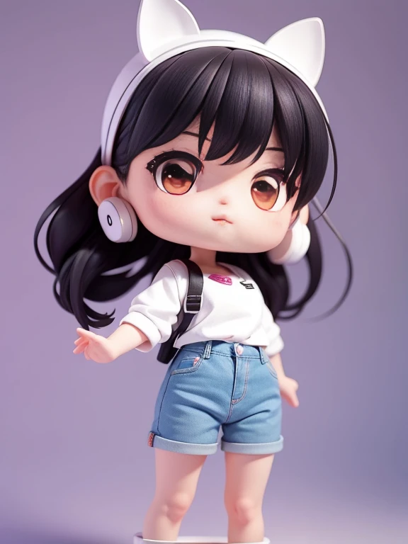Anime girl standing in jeans and white shirt., Black Hair, The face has a red halo., cute cartoon style, cute cartoon character, Chibi Girl, Cute cartoon, Cute art style, The character is her natural demeanor., Cute cartoon, cartoon art style, cartoon style illustration, chibi style, Cute illustration, short full vertical! , cartoon style, cartoon art style, in cartoon style