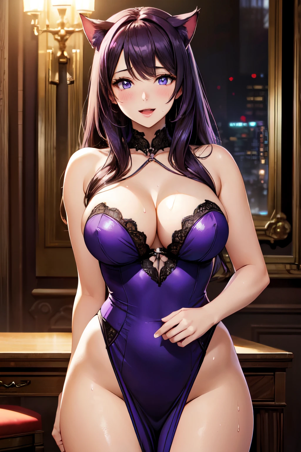 (High quality, High resolution, Fine details), Realistic, Luxury whorehouse, a high-end prostitute with cat ears, Revealing Purple dresses, soft lighting, BREAK solo, curvy women, sparkling eyes, (Detailed eyes), smile, blush, (Open mouth), (Hot Breath:1.2), Sweat, Oily skin, shallow depth of field