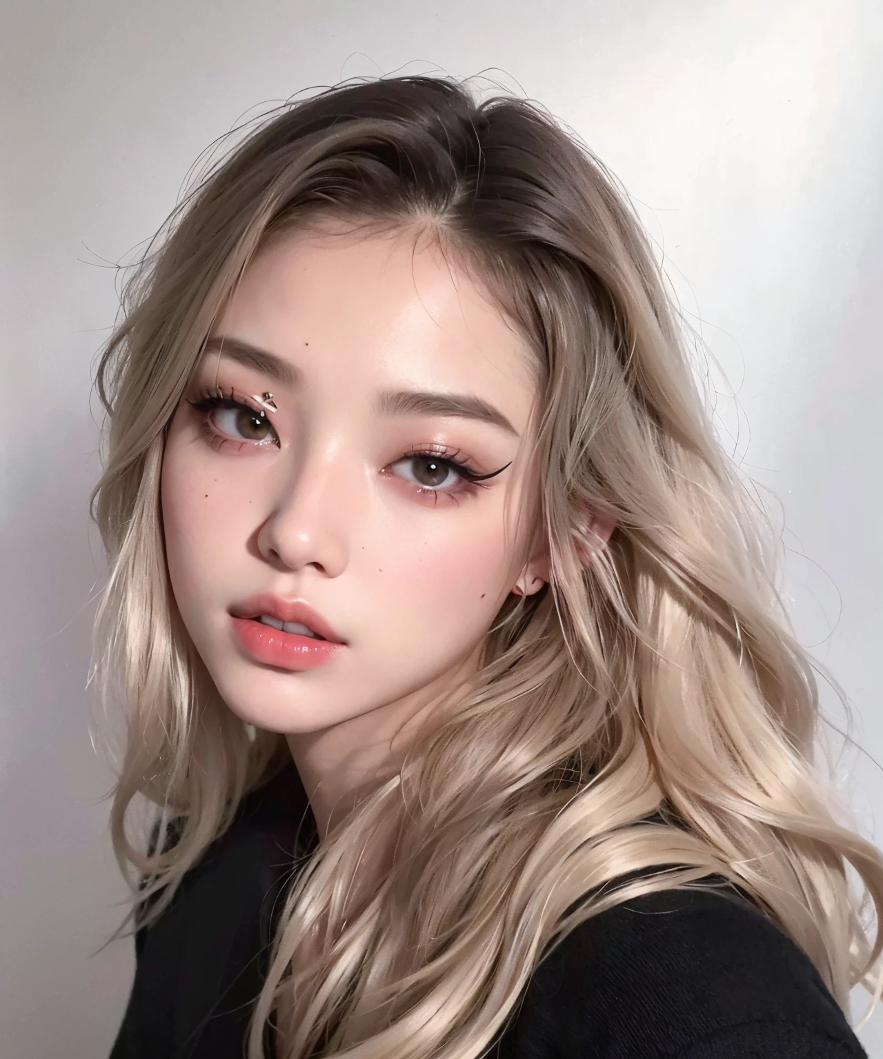 Un primer plano de una mujer con el pelo largo y rubio y una blusa negra, maquillaje coreano popular, maquillaje popular de Corea del Sur, Cara sexy con maquillaje completo, Chica coreana, 🤤 girl portrait, Rasgos de la cara coreana, inspirado por Yanjun Cheng, Sakimichan, Beautiful aesthetic face, pale skin curly blond hair, Retrato de alta calidad, con cara redonda, Yanjun Chengt