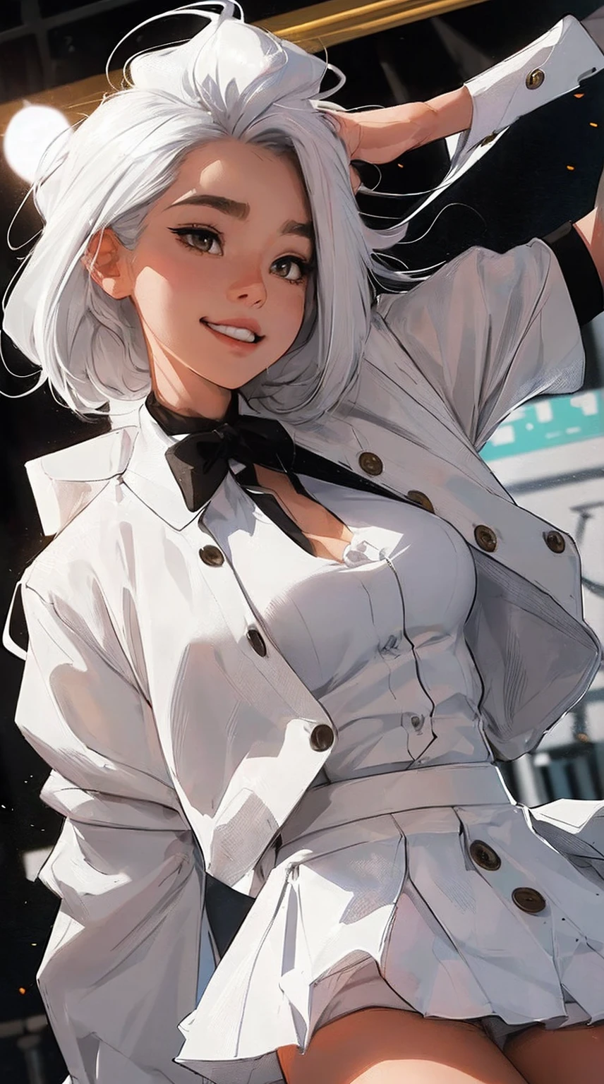 ((tmasterpiece, Best quality at best)), (1个Giant Breast Girl), (Alone), (female focus), (ahoge, White hair, Very long hair), gold eyes, clear smile, with her mouth open, ((white  shirt), (button- shirt), (Clearance button)), ((Black dress), (short  skirt)), Permanent, white backgrounid, Place your arms behind your back, dynamic angle
