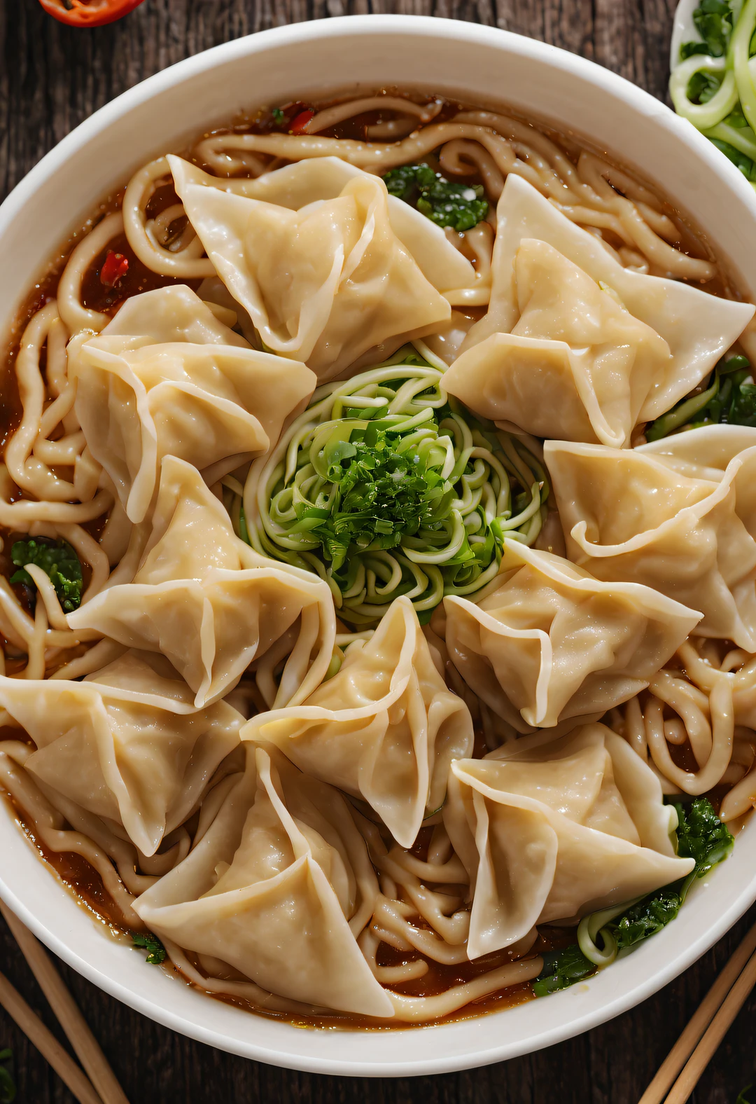 Wonton noodles close-up, are in the center, hyper HD, Best quality, high detal