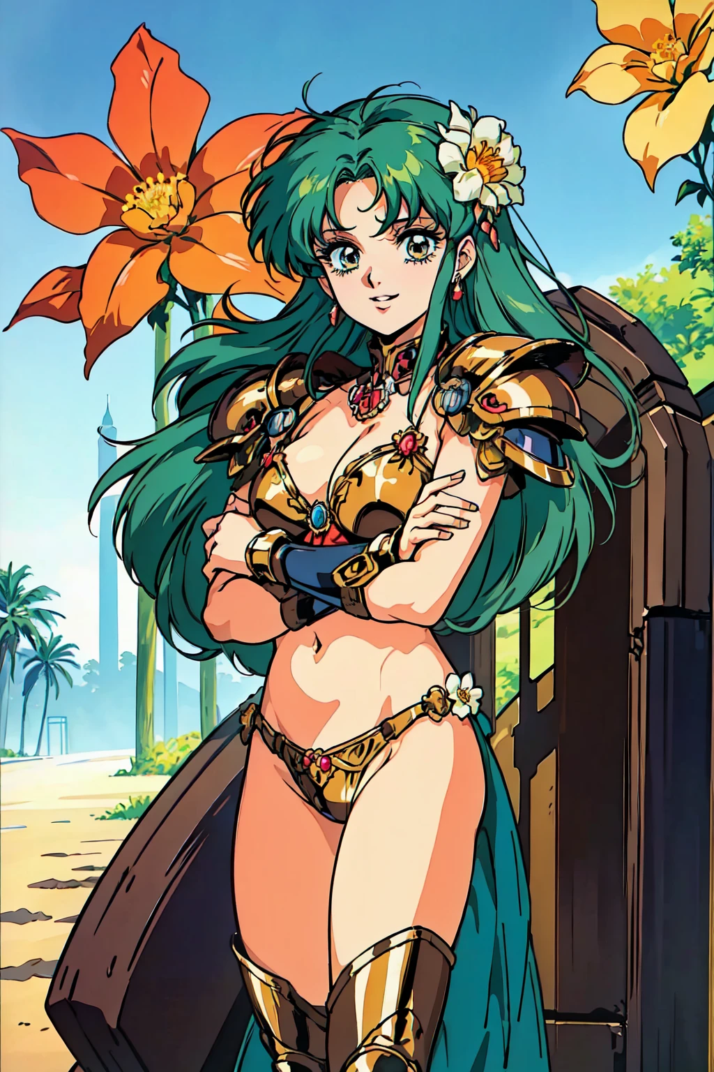 "(masterpiece:1.1), best quality,
1girl, (80s anime style:1.3), (eyelashes:1.5), (:1.2),
(intricate high detailed body:1.2),
(green hair:1.1), (forehead:1.1), (long hair, wavy hair:1.1), (flower brooch, hair ornament:1.2),
brown eyes, (lip stick:1.3),
(dark skin:1.2), (gigantic breasts:1.1),
(angry, smile:1.2),
(bikini armor:1.2),
(knight armor, armored boots:1.2), (frill:1.1), (earrings:1.1), sleeve,
standing, crossed arms,
(upper body, cowboy shot, looking at viewer, from front:1.1),
daytime, outdoors"