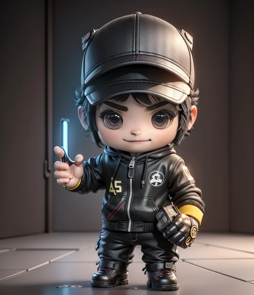 ((masterpiece, bestquality)),(Complex lighting),,bara, smile, Black eyes, Black Hair, 3D Toys, 3D rendering of, IP Address, Cyberpunk Style, Tshibi, Cute  boy, Chibi Style, 4 years gear, White background, Full Body Esbian, male focus, boots, trousers, pole, baseball cap,