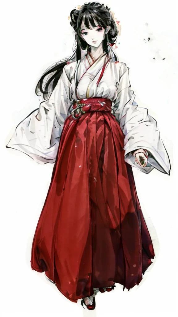 a woman in a red skirt and white shirt is standing, female character, miko dress, age 22, background setting in the farm of japan's feudal era