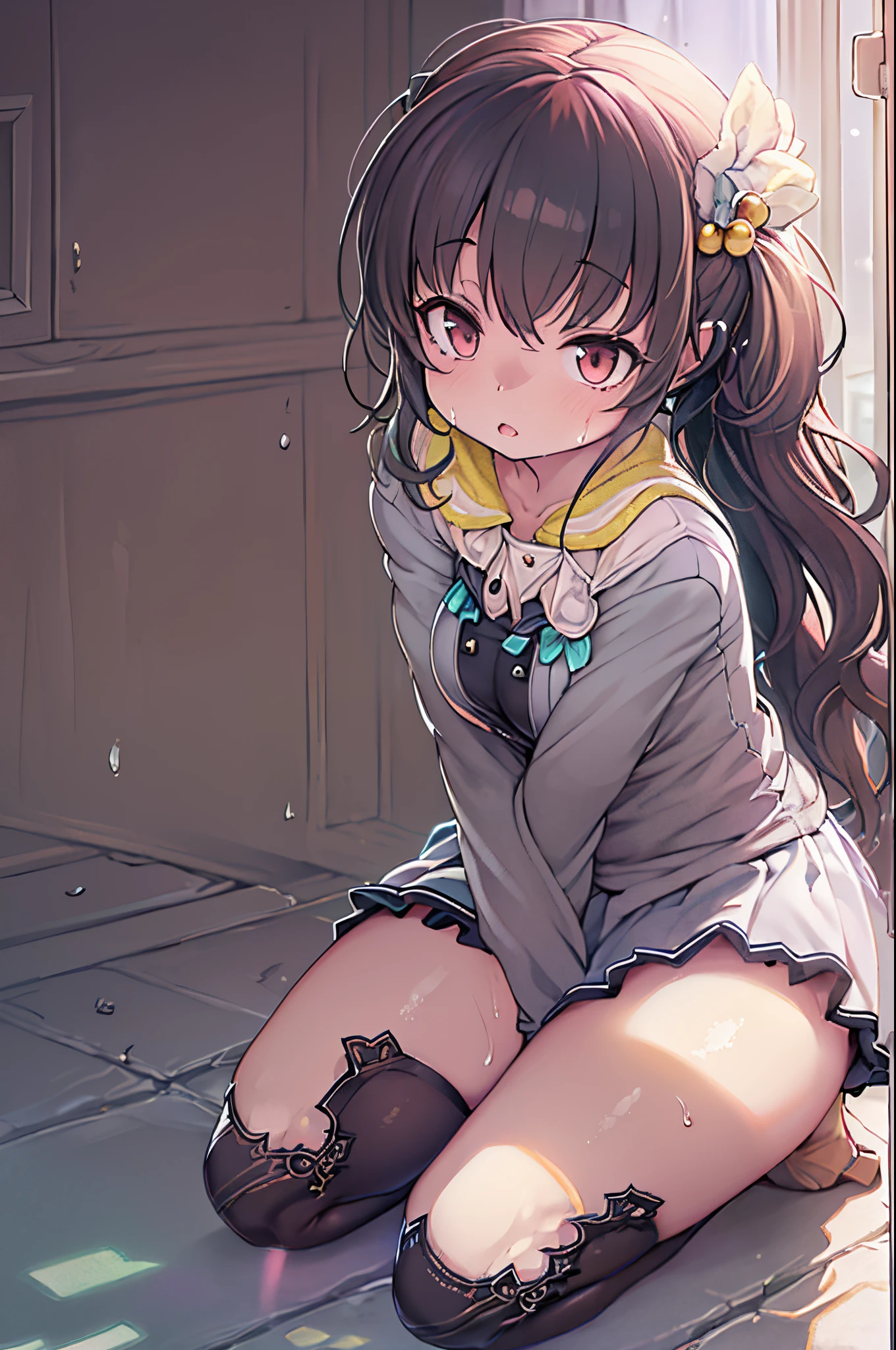 Anime - style image of a woman kneeling on the floor wearing a short skirt and stockings, small curvy , the anime girl is crouching, lolidress, beautiful anime girl squatting, Smooth Anime CG Art, hugging her knees, splash art anime loli, Seive Anime Girl, Ecchi, [ 4 k photorealism ]!!, Cute Pose