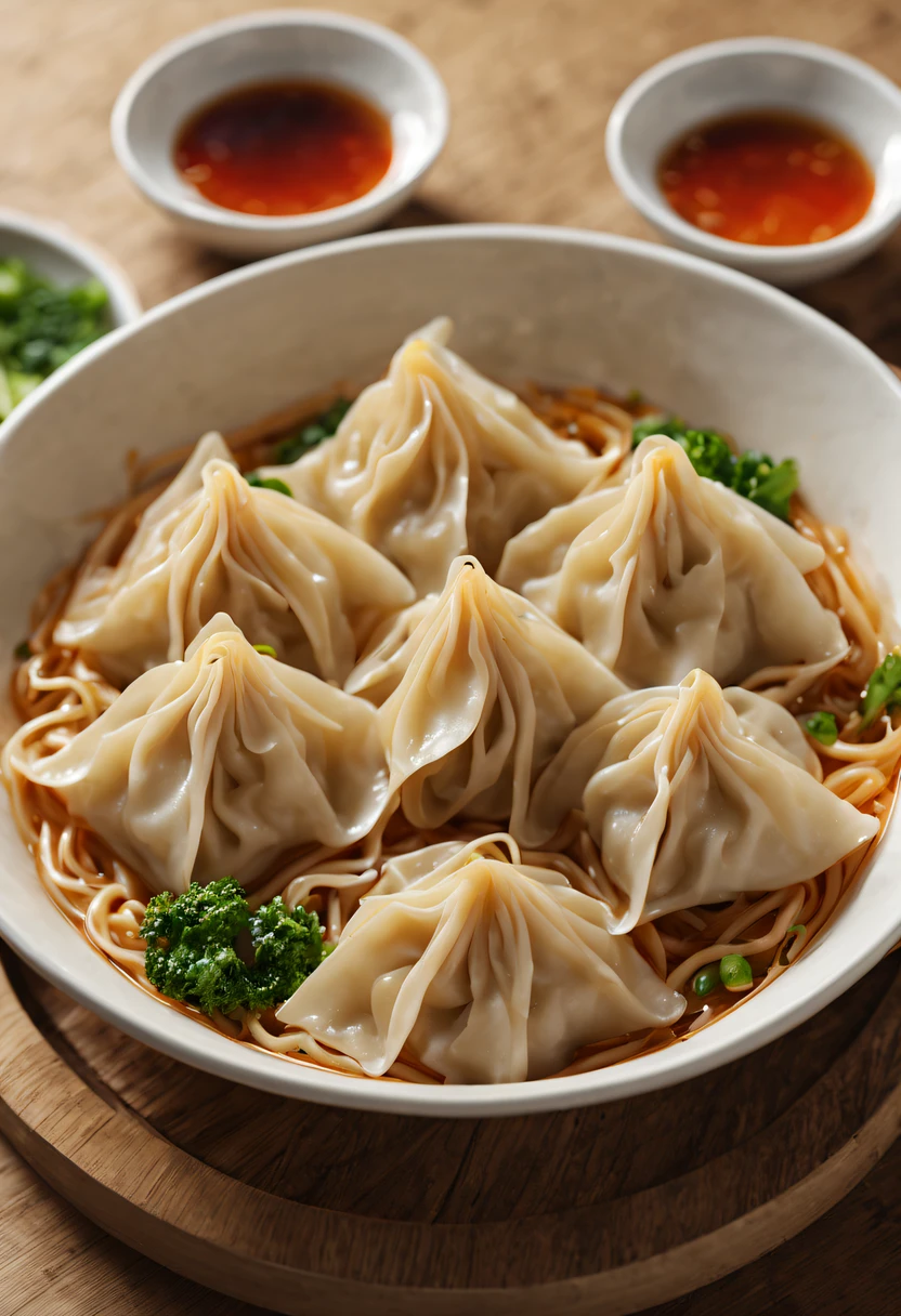 Close-up of wonton noodles, at centre, Faraway view, hyper HD, Best quality at best, high detal