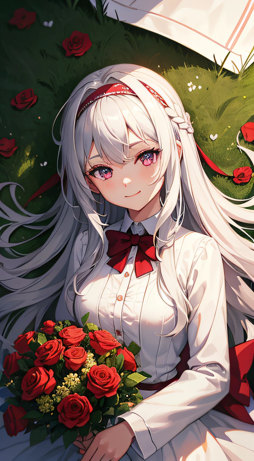 1girl, long silver hair, maroon eyes, smiling, looking at viewer, wearing white dress, headband on her head, bowtie, laying down, on grass, roses, masterpiece, 8K, perfect lighting, perfect clothes, perfect anatomy, perfect eyes, perfect face, sharp resolution, face closeup