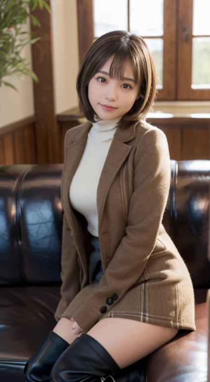 (Photorealistic), (ultra high realistic), (Ultra high definition), (ultra high detailed), (Increase contrast), (Increase saturation), (12 year old extremely cute girl), (light skinned)A pretty woman with perfect figure, Cute face,, (Lifelike face), Short Bob、Hair hanging over the ears, Realistic eyes, natural make up、beautiful detail, (real looking skin), Beautiful skins, enticing, The ultra -The high-definition, A hyper-realistic, Realistic, Very detailed,, bangss), (Black wool short coat and knee-high boots、japanese cute idol, Tartan check)((very short miniskirt)) Brown hair,cafes、sit on a sofa with a low seat、Beautiful valley、beutiful breast、thin-waist、big butts、Angle from below