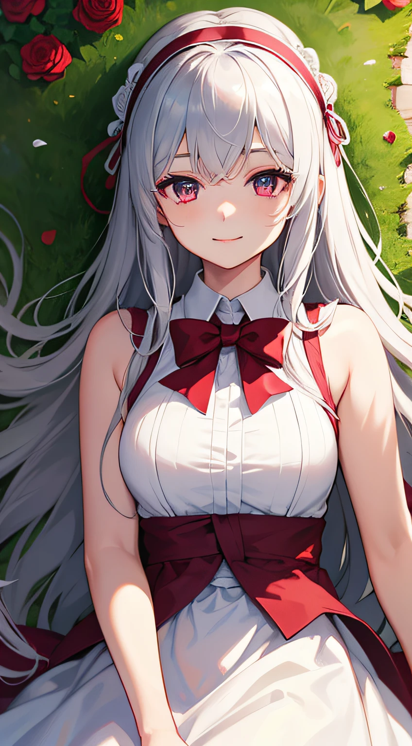 1girl, long silver hair, maroon eyes, smiling, looking at viewer, wearing white dress, headband on her head, bowtie, laying down, on grass, roses, masterpiece, 8K, perfect lighting, perfect clothes, perfect anatomy, perfect eyes, perfect face, sharp resolution, face closeup