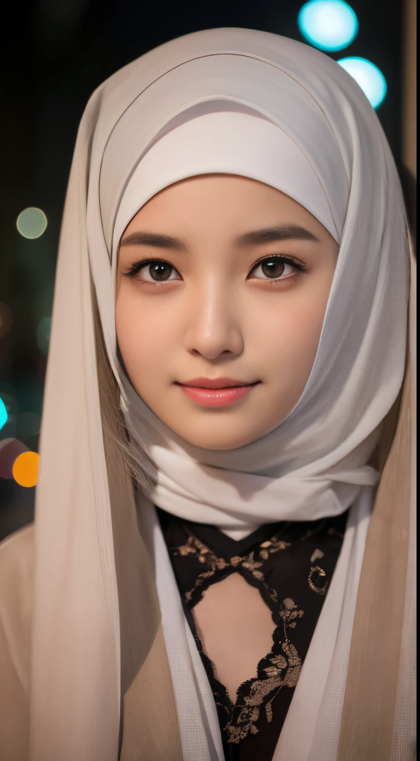 bellydancer, ((lebanese)), ((hijabi)), masterpiece, best quality, 8k, 15yo, , raw photo, absurdres, award winning portrait, solo, night, neon, idol face, violaceaess, gardeniass, delicate girl, upper body, DSLR, looking at viewer, candid, sophisticated, youthful, smile, professional lighting, film grain, chromatic aberration, (detailed eyes and face:1.0), (bokeh:1.1)