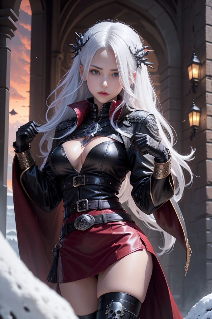 full body Esbian, of the highest quality, Intricately detailed skins, Shiny skin, Shiny hair, pale complexion,Big breasts), Red sky, Continuous snow, Castle terrace, ((Skull Mark)), Seductive Woman, Gray hair, Long hair, Hair fluttering in the wind, Skull mask on half of the face, Detailed tattoos, Red leather clothes, Red sleeveless clothes, Black leather coat, Black leather gloves, Solid Gold Bracelet, leather skirt red skirt, (Leather Belt), Look far away