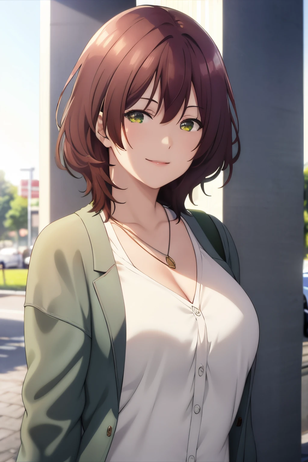 masterpiece, (best quality), 1woman,1girl ,aoihinami, , short hair, green eyes, white shirt,cardigan,sexy woman,jacket, necklace, jewelry,closed clothes,  smile, hair between eyes, vibrant colors ,natural lighting  ,RTX,  , beautiful, (detailed face:1.2), showcase, (perfect eyes:1.1) ,(photorealistic:1.1), 8k uhd,  looking a viewer, outdoorackround