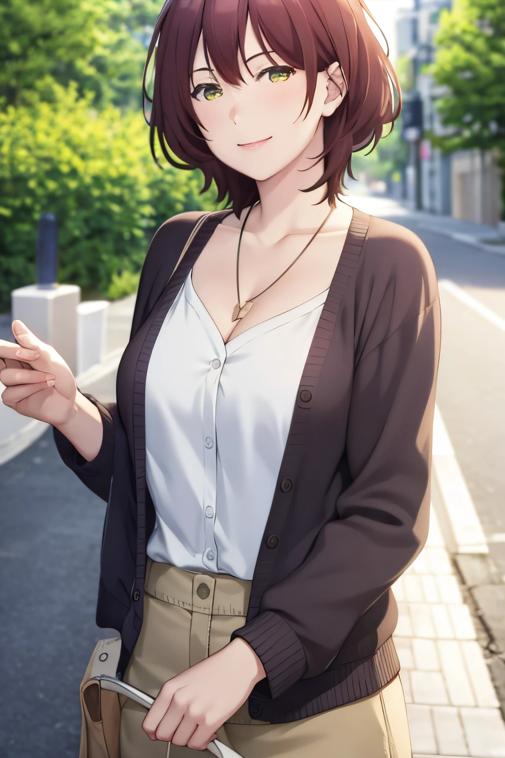 masterpiece, (best quality), 1woman,1girl ,aoihinami, , short hair, green eyes, white shirt,cardigan,sexy woman,jacket, necklace, jewelry,closed clothes,  smile, hair between eyes, vibrant colors ,natural lighting  ,RTX,  , beautiful, (detailed face:1.2), showcase, (perfect eyes:1.1) ,(photorealistic:1.1), 8k uhd,  looking a viewer, outdoorackround