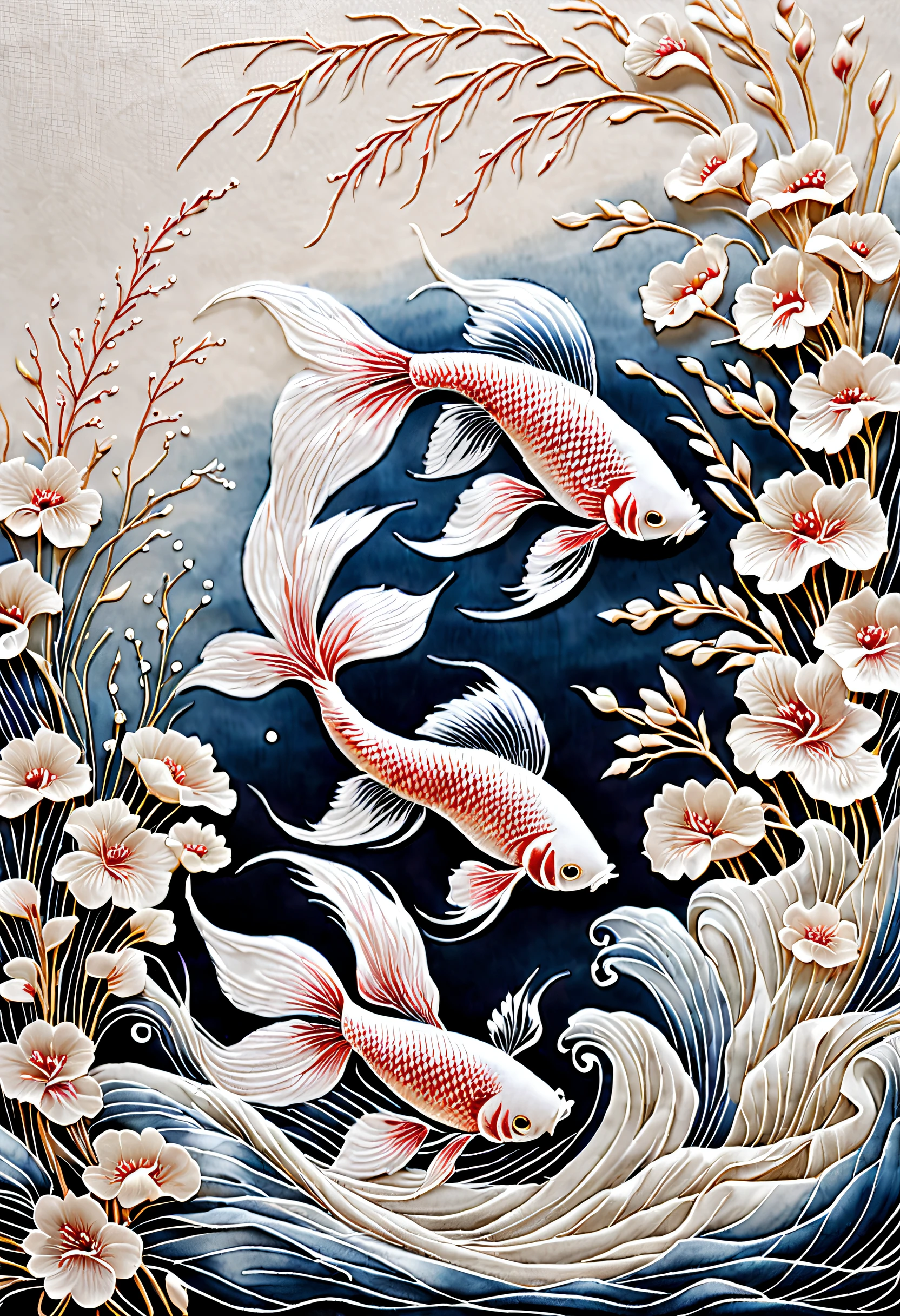 Embroidery works,embroidery，tapestry of rank， (Translucent Betta embroidery hangs on the wall）, silky silk thread, line sleek, rich details​, Agile white tail and fins, Lots of white space (Background with:  white chinese silk),  silk suzhou embroidery, Ink painting and watercolor,, Realistic embroidery details, hyper HD, super detailing, 16k,