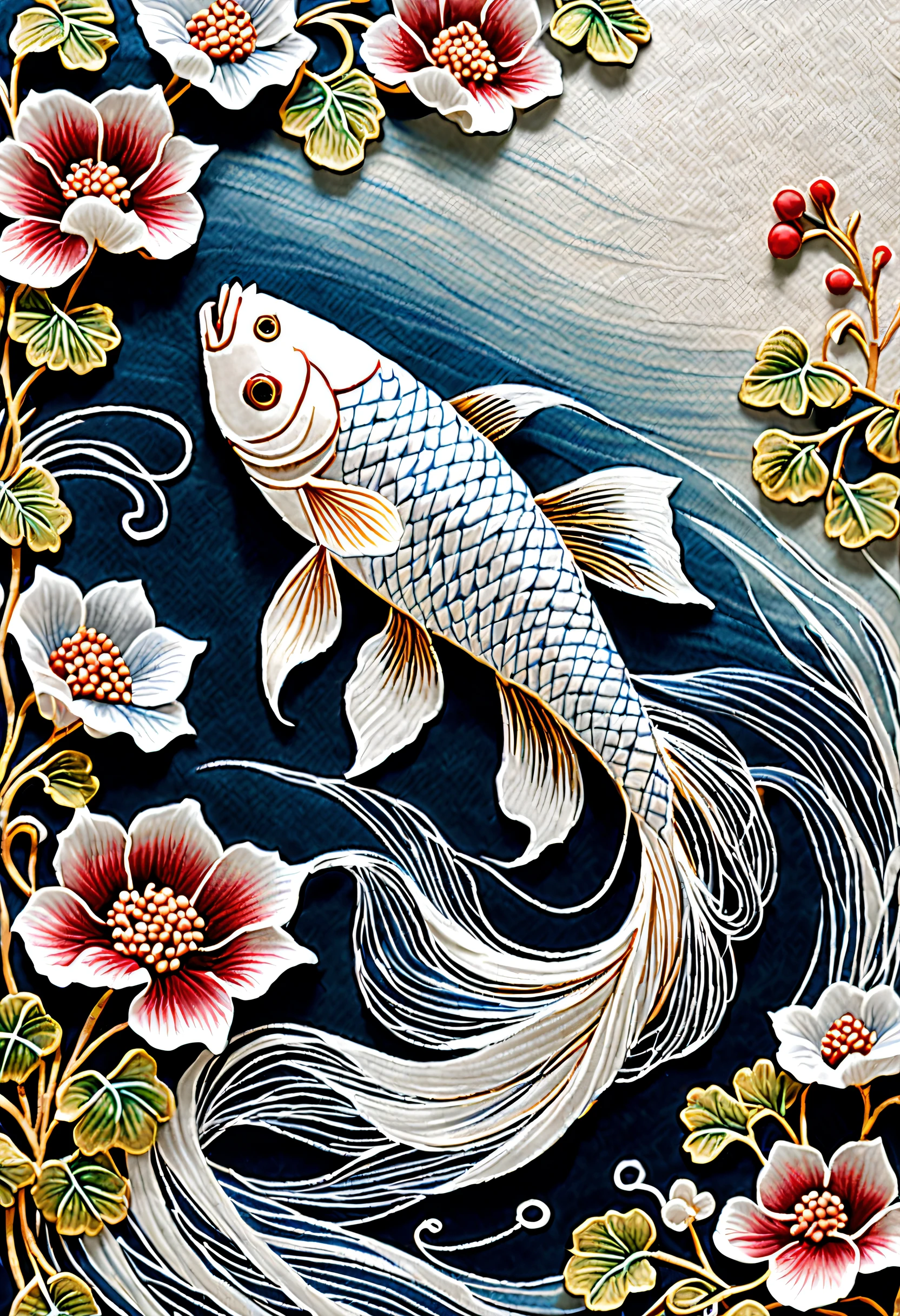 Embroidery workulberry silk suzhou embroidery fighting fish workulberry silk bright silk thread, Agile white tail and fins, Lots of white space (Background with: White silk), rich details​, painting on silk, The art of ink painting, line sleek, bird's eyes view, Realistic embroidery details, hyper HD, hyper-detailing, 16k,