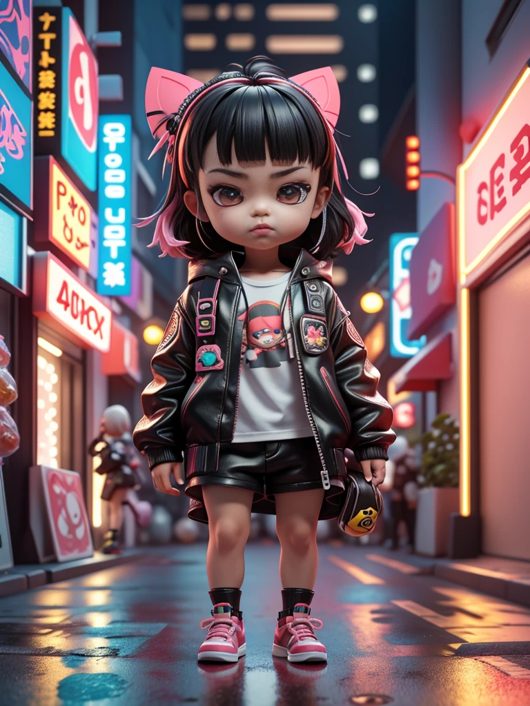 3D Toys, 3D rendering, IP Address, Cyberpunk Style, chibi, , a mask,  background, bestquality, C4D, blender, 3D Models, toyism, vibrant colours, Street Style, high-res, lots of details, pixar, Candy color, Big Shoes, Fashion Trends, art