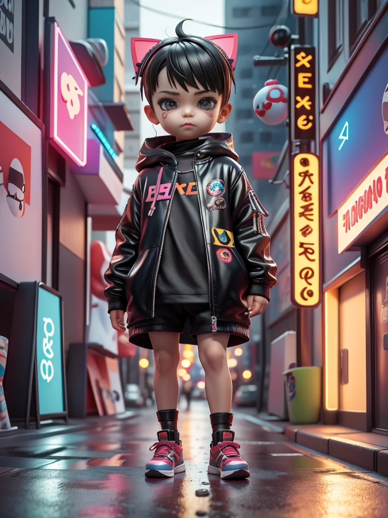 white, totally white, pastel colors, hachures, chibi style, 1 cute little baby boy with techwear clothes, street, cyberpunk