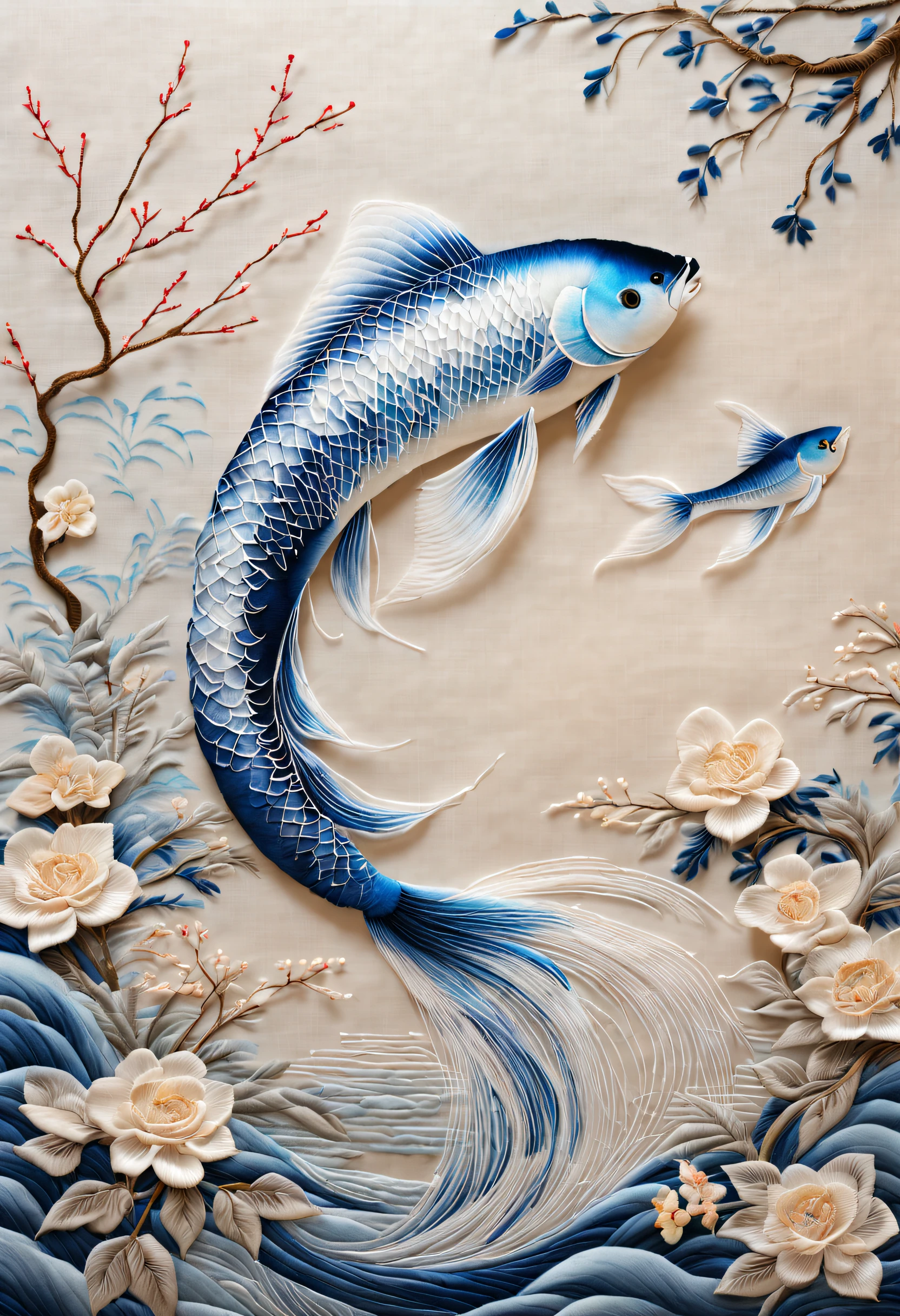 Embroidery works, A translucent betta fish embroidery hangs on the wall, silky silk thread, Agile white tail and fins, Lots of white space (Background with: blue), rich details​, painting on silk, ink and watercolor painting, line sleek, bird's eyes view, Realistic embroidery details, hyper HD, super detailing, 16k,