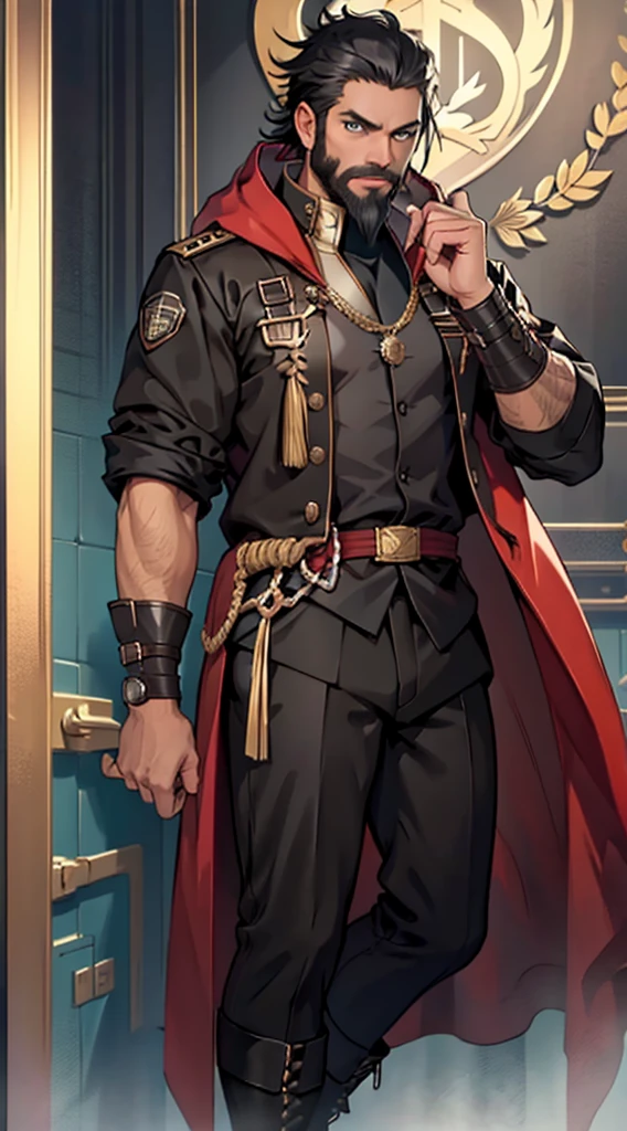 ((1man)), black uniform, captain's hat, confident pose, beautifully detailed eyes, captivating gaze, vivid colors, skillfully executed lighting, studio lighting techniques bringing out the man's features and the overall mood of the scene., masterpiece, anatomically correct, high quality, best quality, high details, long black boots, ((short black hair)), blue eyes, arresting eyes, ((scarlet cloak)), facing camera, gold rank insignia, black pants, ((black beard))