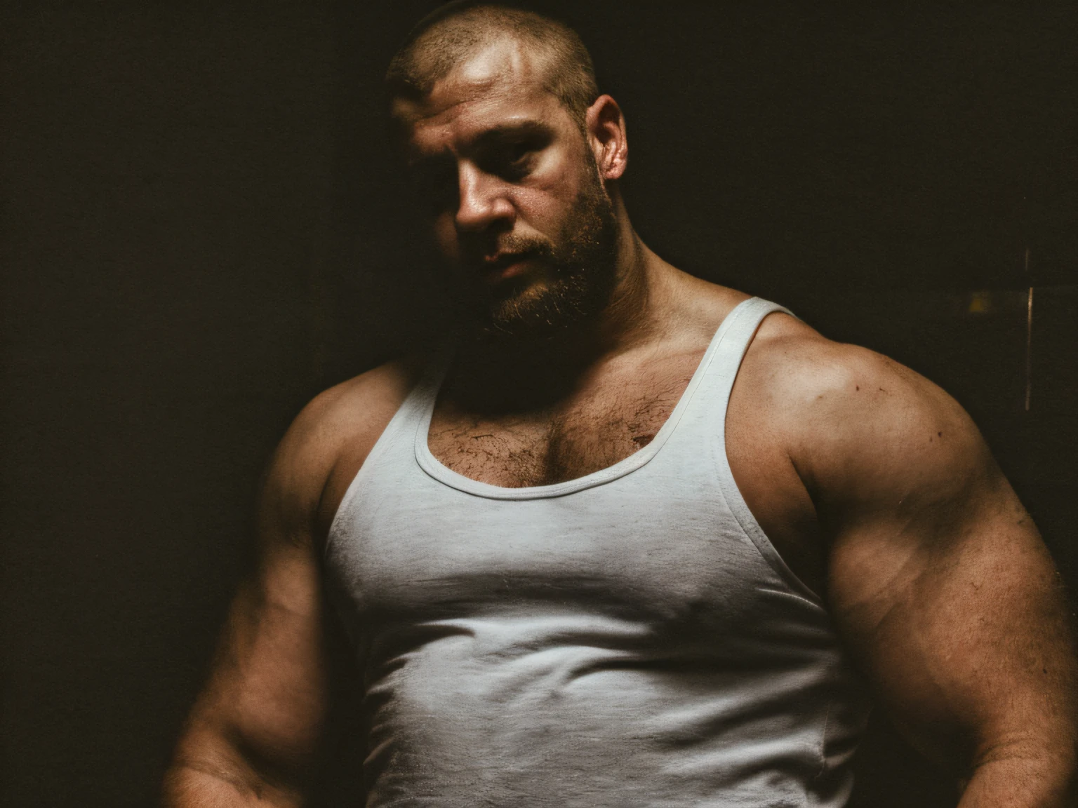 masterpiece, best quality, 1boy, uncle, xxl, huge body, male, beard, chav, rough, dirty, white tank-top, Mancunian, mean, bully, druggy, skinhead, in the neighbourhood, big arms and pecs , realistic, dramatic lighting, atmospheric, intricate detail,