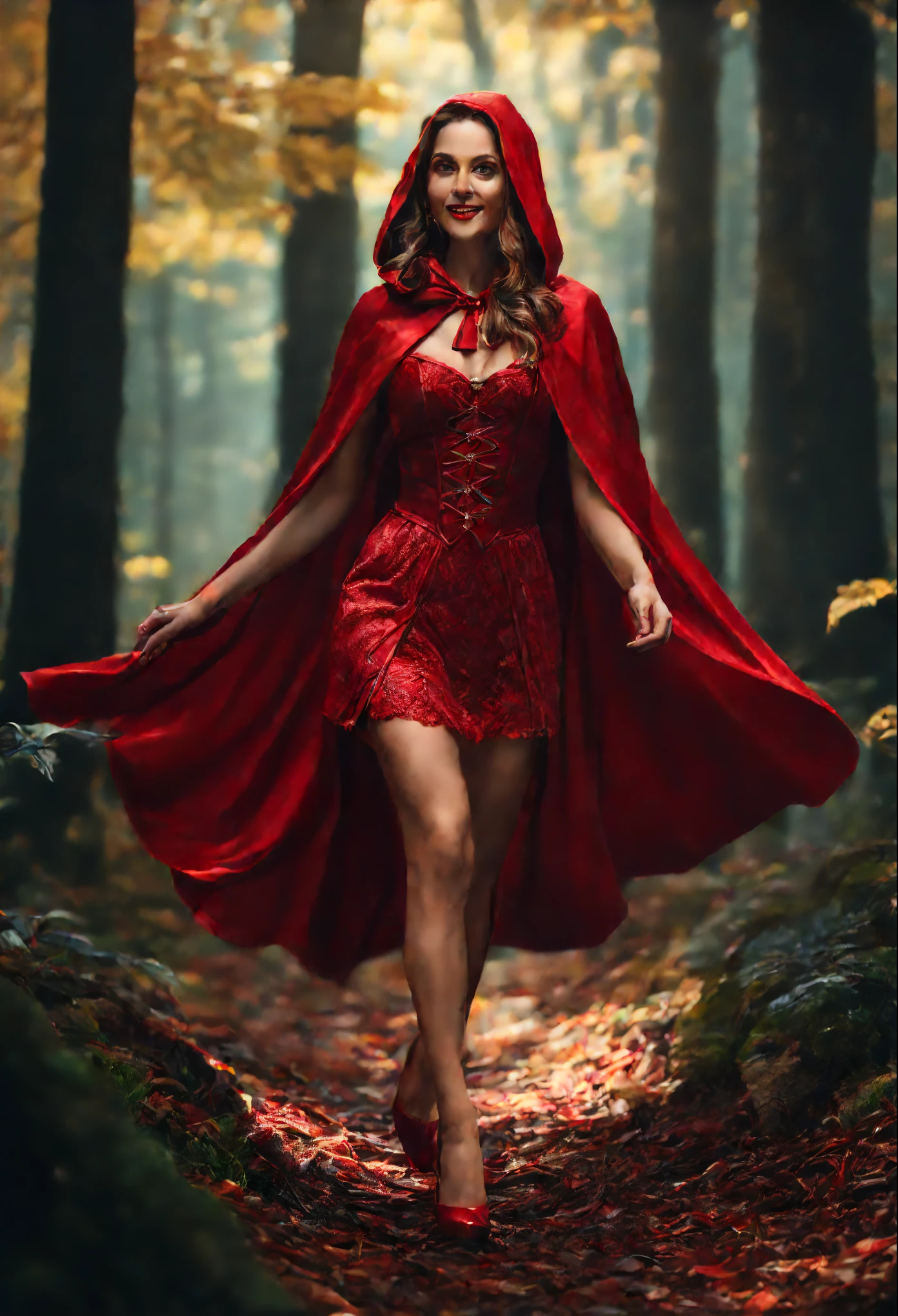 Gorgeous and beautiful smiling Ridinghood with long hair, perfect makeup, wearing an intricate and detailed short red dress showing legs, red high heels red cape red hood, walking in the woods, full body image, Photorealistic, Cinematic, Hyperrealistic, hyperdetailed, splash art, intricately detailed, color depth, colorful background, a masterpiece, 8k resolution, dark fantasy concept art, dynamic lighting, trending on Artstation, deep color, volumetric lighting