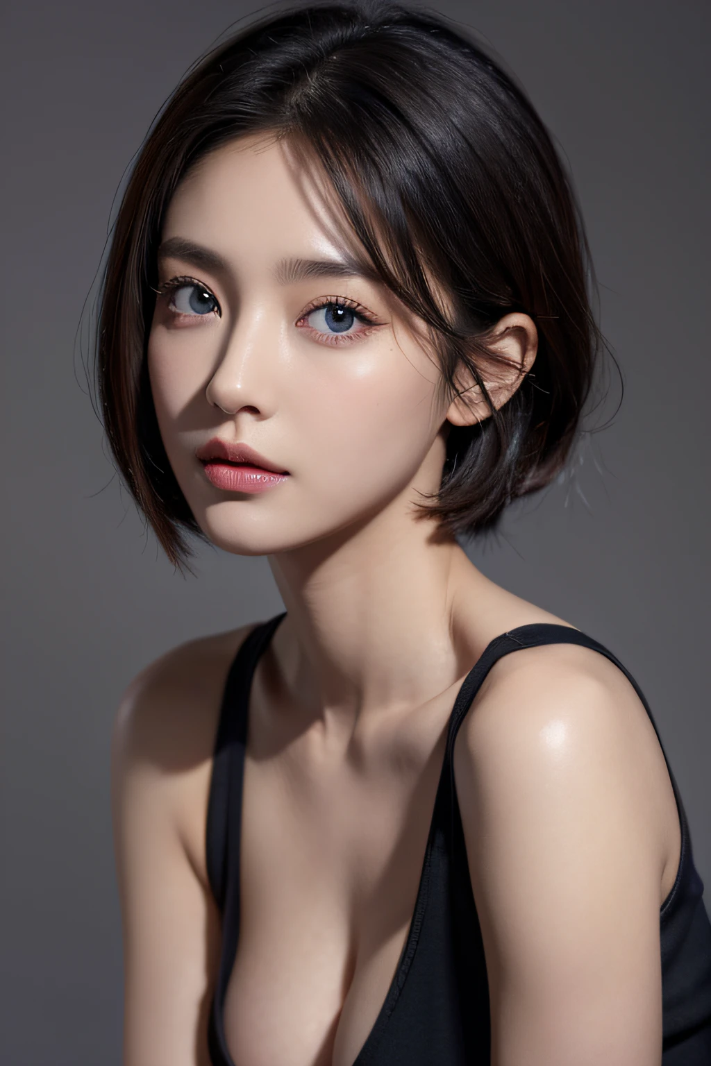 Skin Tight Black Top:1.2, Looking at Viewer, Cinematic lighting, Perfect, softlight, High resolution skin:1.2, Realistic skin texture, 30 years old mature woman、a small face、no-makeup、, off shoulders,Bust B Cup、Small breasts、 Exposed cleavage, Blue eyes, Short hair, dark brown hair、fullnude、Gray background、