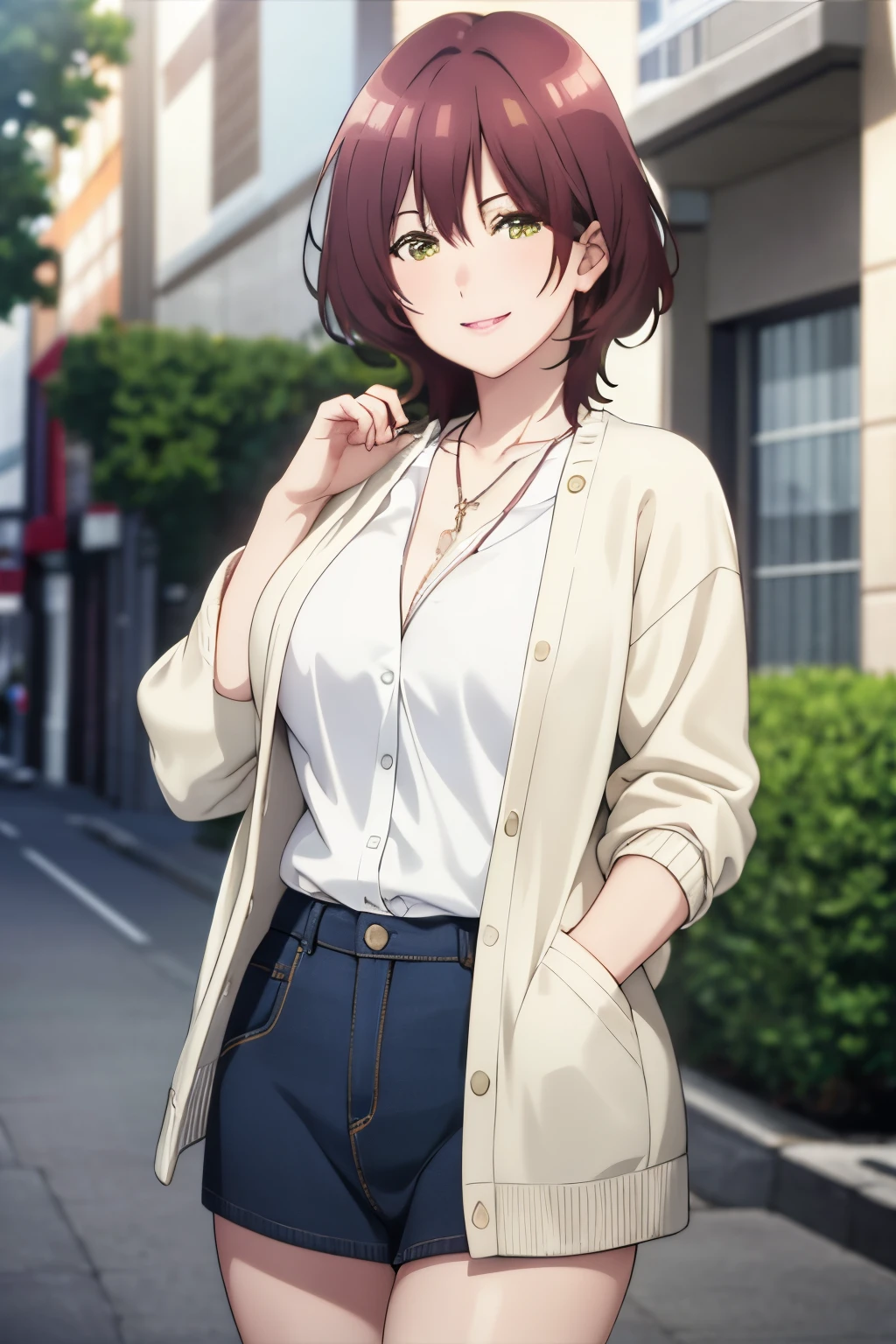 masterpiece, (best quality), 1woman,1girl ,aoihinami, , short hair, green eyes, white shirt,cardigan,sexy woman,jacket, necklace, jewelry,closed clothes,  smile, hair between eyes, vibrant colors ,natural lighting  ,RTX,  , beautiful, (detailed face:1.2), showcase, (perfect eyes:1.1) ,(photorealistic:1.1), 8k uhd,  looking a viewer, outdoorackround