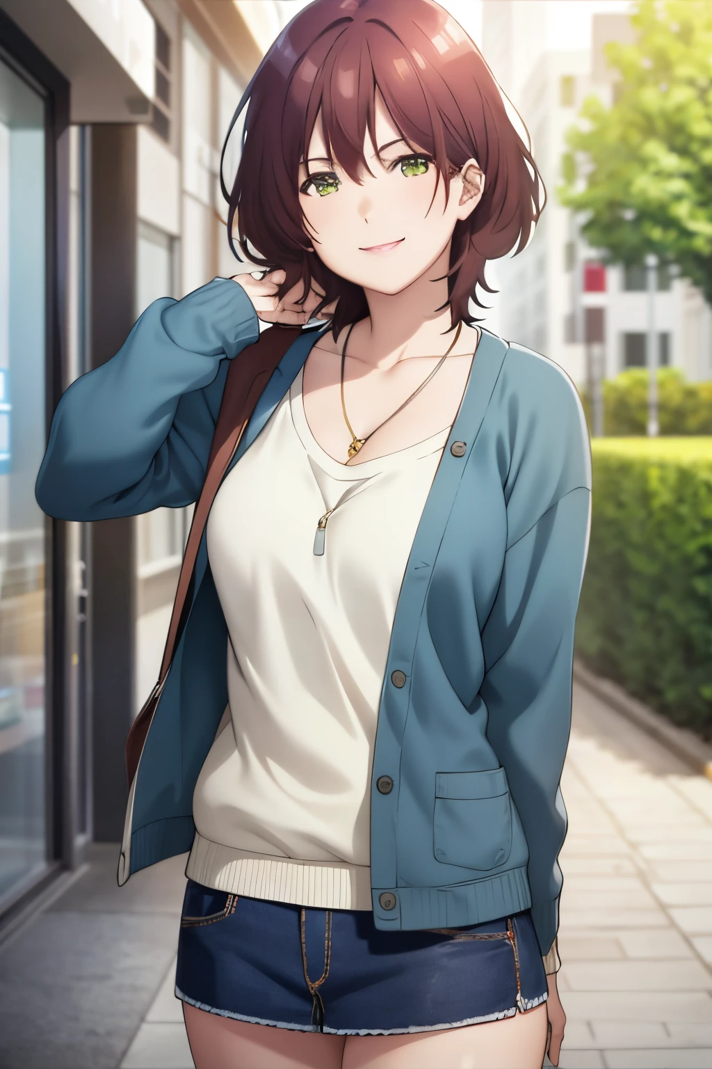 masterpiece, (best quality), 1woman,1girl ,aoihinami, , short hair, green eyes, white shirt,cardigan,sexy woman,jacket, necklace, jewelry,closed clothes,  smile, hair between eyes, vibrant colors ,natural lighting  ,RTX,  , beautiful, (detailed face:1.2), showcase, (perfect eyes:1.1) ,(photorealistic:1.1), 8k uhd,  looking a viewer, outdoorackround