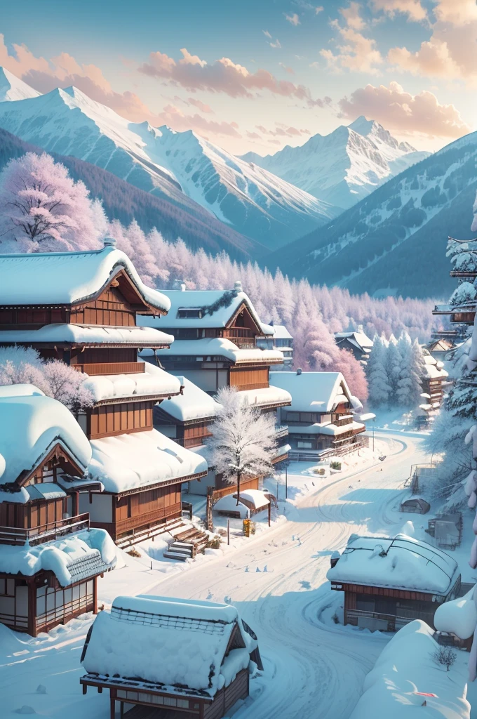(Best Quality, 8K, masutepiece :1.3), snow mountains, Quiet snow-capped landscape, Breathtaking natural landscapes, Outside, traditional japanese building, quiet mountain resort, A quiet winter wonderland, Snow-covered peaks, Majestic beauty, pristine white snow,