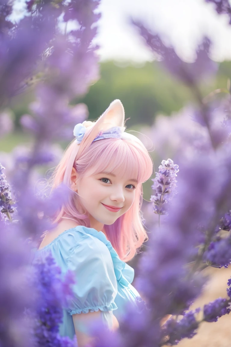 The background is blurry,pastel color background,Lavender color, hight resolution,Adorable lilac rabbit looking at the camera,Smiling,