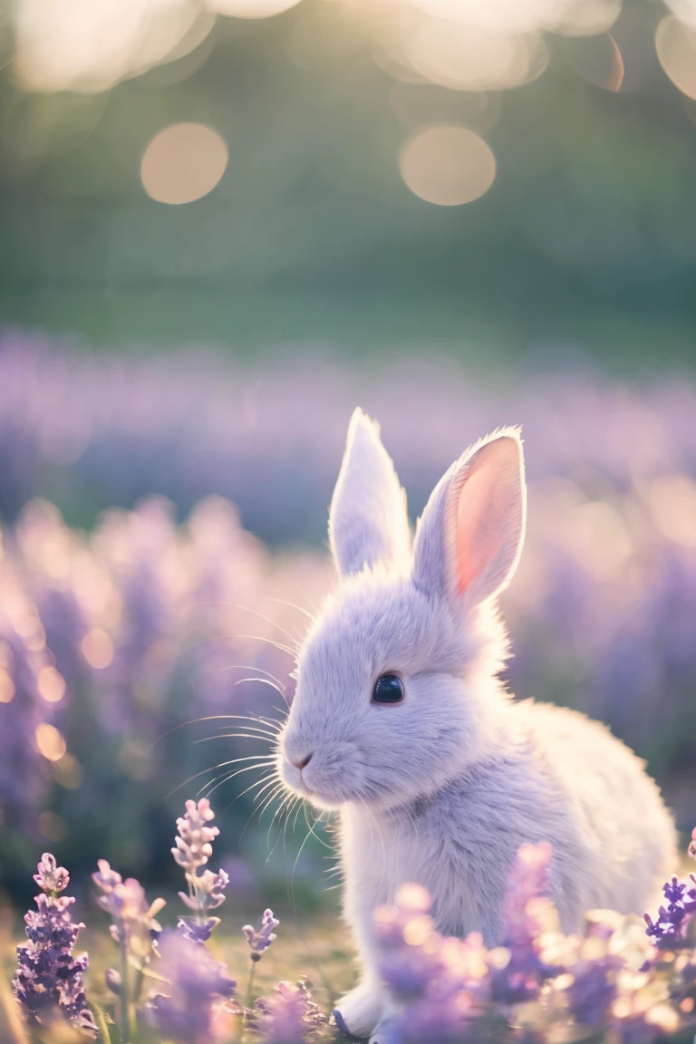 The background is blurry,pastel color background,Lavender color, hight resolution,Adorable lilac rabbit looking at the camera,Smiling,