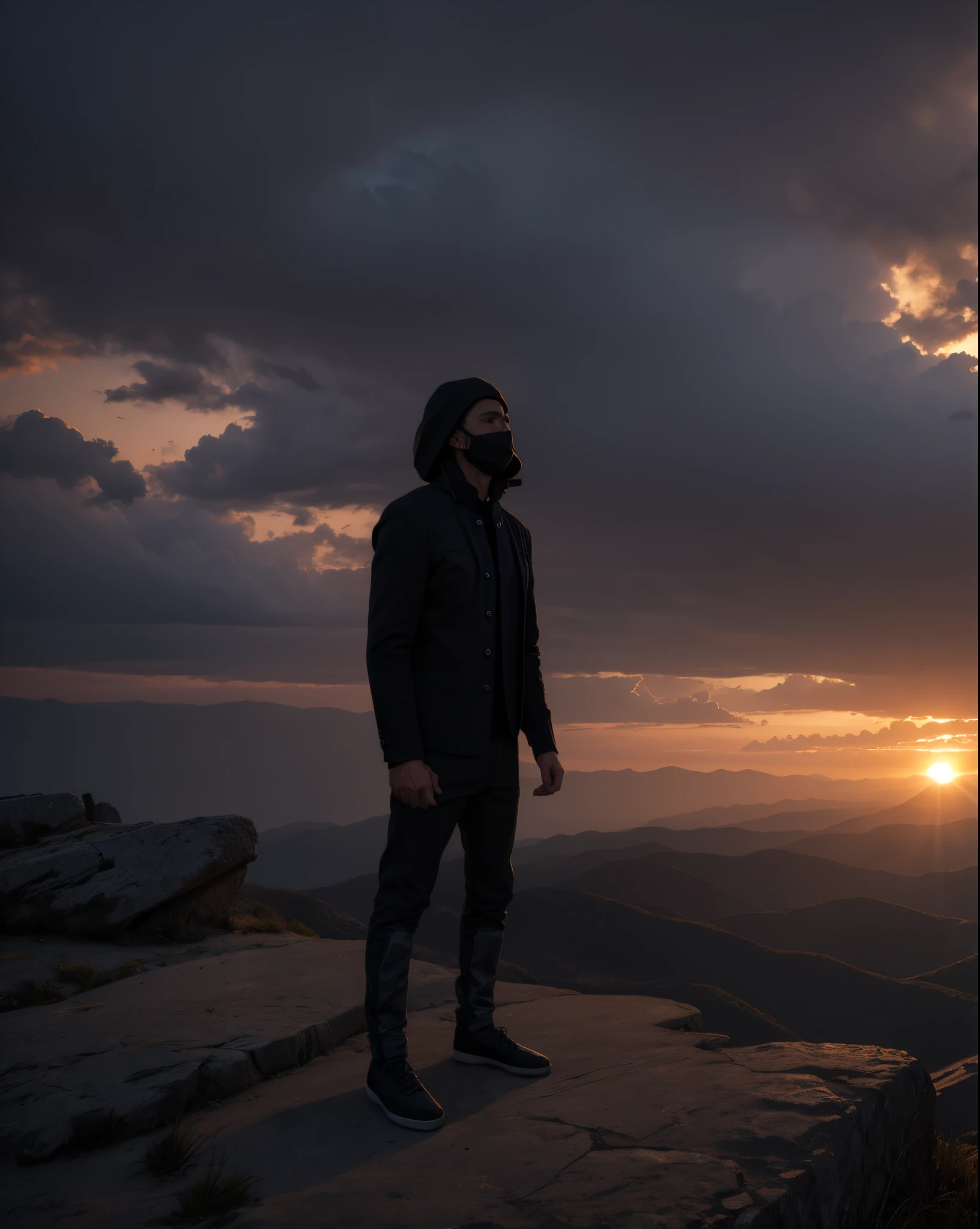 (meilleur qualité,4K,8k,Haute résolution,Chef-d'oeuvre:1.2),ultra-détaillée,(Réaliste,photoréaliste,photo-réaliste:1.37),homme vêtu de noir, bonnet noir,Capuche noire,évasion désespérée, Montagne enneigée,texture granuleuse,atmosphère dramatique,éclairage dramatique,scène d'action palpitante,fort sentiment de danger,Ciel menaçant,coucher de soleil,lutte désespérée pour la survie,composition dynamique,silence étrange,ombres inquiétantes,émotions brutes