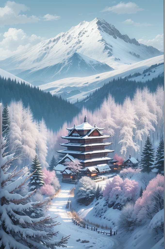 (Best Quality, 8K, masutepiece :1.3), snow mountains, Quiet snow-capped landscape, Breathtaking natural landscapes, Outside, traditional japanese building, quiet mountain resort, A quiet winter wonderland, Snow-covered peaks, Majestic beauty, pristine white snow,