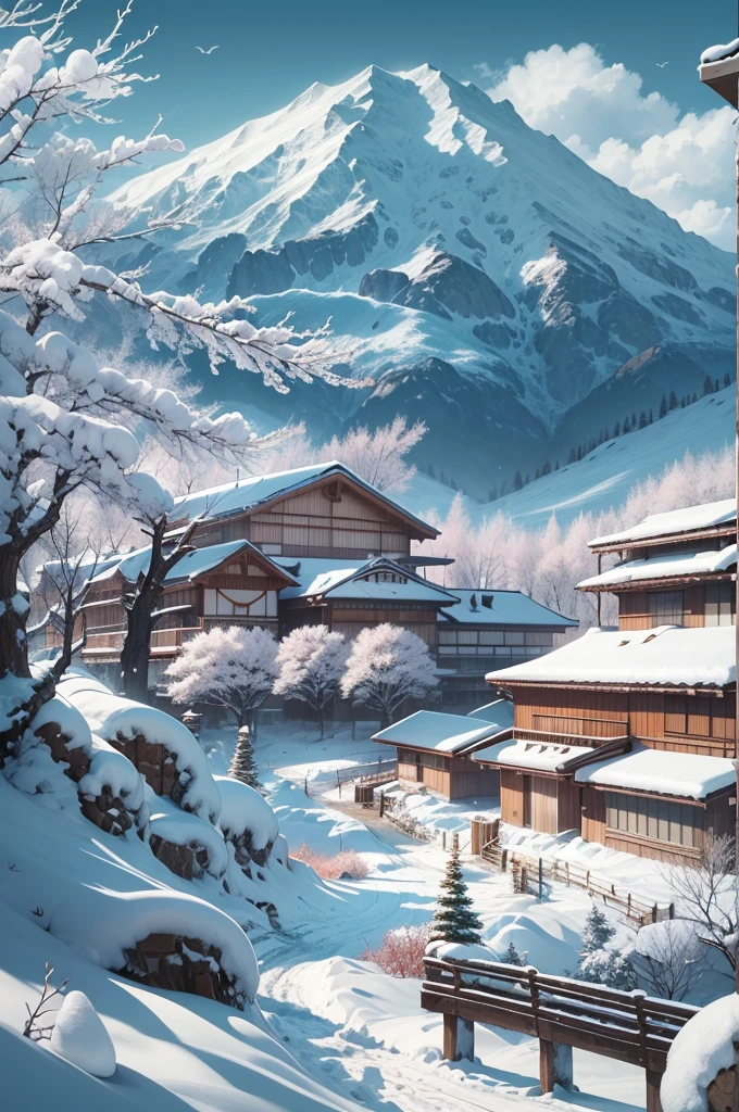 (Best Quality, 8K, masutepiece :1.3), snow mountains, Quiet snow-capped landscape, Breathtaking natural landscapes, Outside, traditional japanese building, quiet mountain resort, A quiet winter wonderland, Snow-covered peaks, Majestic beauty, pristine white snow,