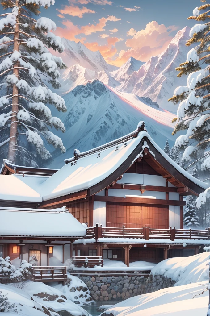 (Best Quality, 8K, masutepiece :1.3), snow mountains, Quiet snow-capped landscape, Breathtaking natural landscapes, Outside, traditional japanese building, quiet mountain resort, A quiet winter wonderland, Snow-covered peaks, Majestic beauty, pristine white snow,