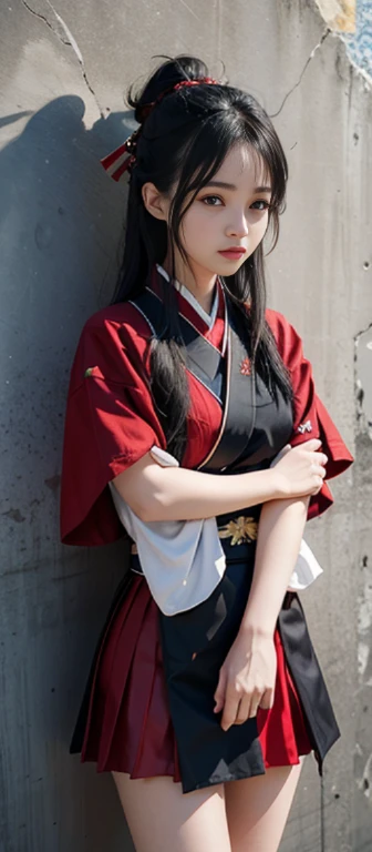 Samurai armor、Kunoichi,ninjartist、red skirt mini skirt、hide mouth、oriental, Half blue and half black hair:1.2、 detaileds, 1 rapariga, Beautiful fece, 8K, The artwork, wall-, 、 (is standing),Fractal Art、 up skirt, cammel toe, string, pantyshot, 细致背景、jpn、Japanese castle