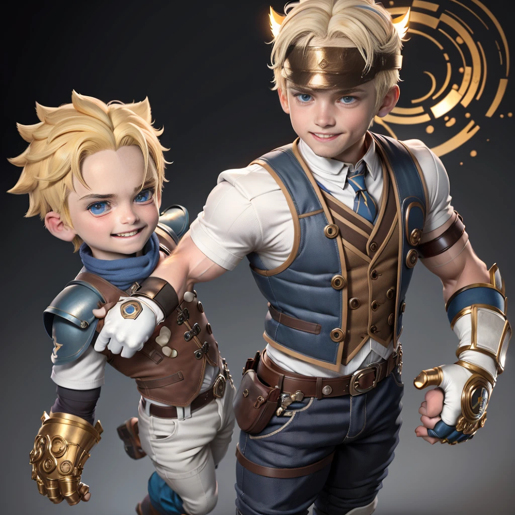 ((masterpiece, bestquality)),(Complex lighting),,bara, smile, Blue Eyes, Blonde Hair, background, gloves, 1boy, headgear, White background, Full body, male focus, boots, trousers, fingerless gloves, vest, baseball cap,