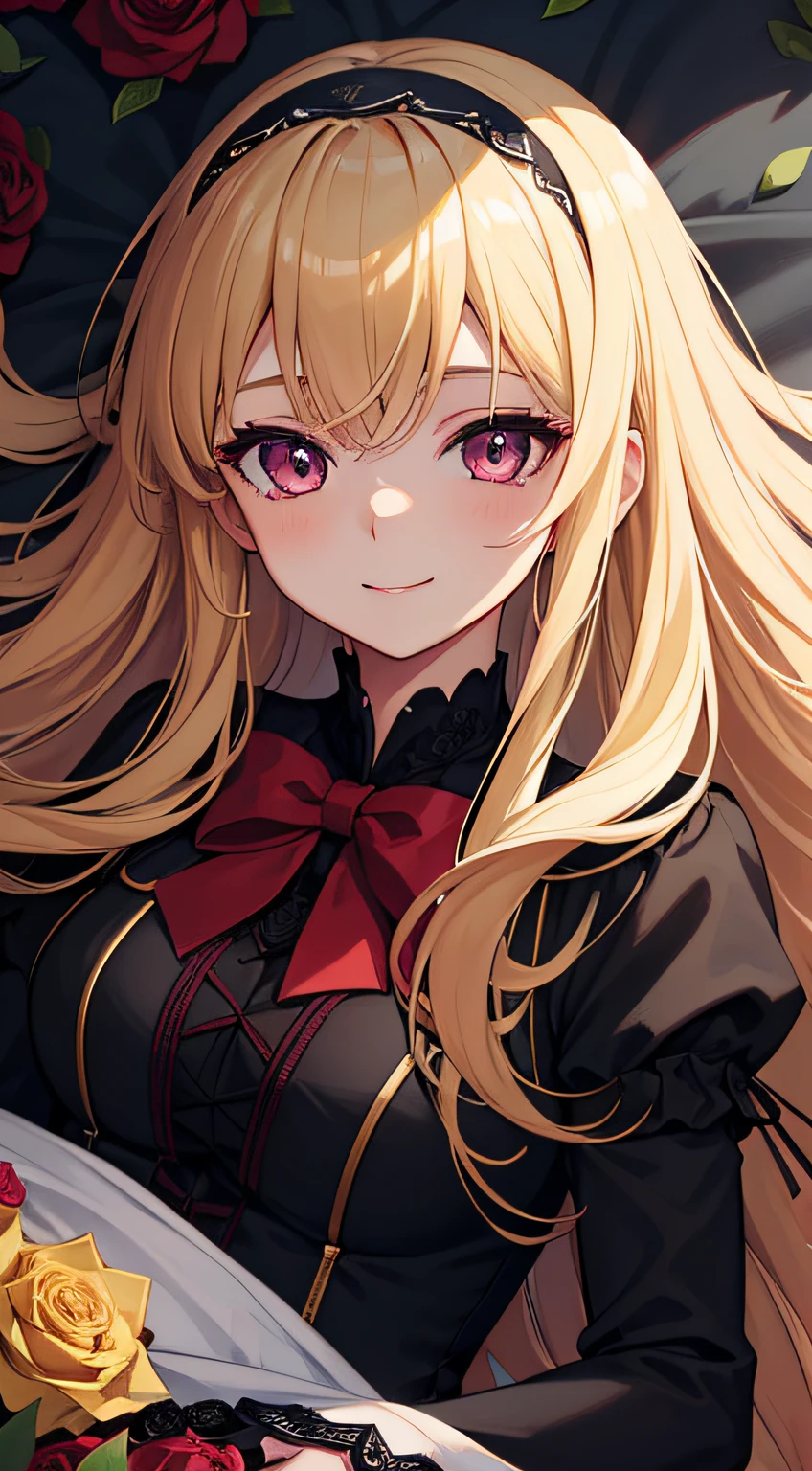 1girl, long blonde hair, maroon eyes, smiling, looking at viewer, wearing intricate black dress, laces, headband on her head, bowtie, laying down, on grass, roses, masterpiece, 8K, perfect lighting, perfect clothes, perfect anatomy, perfect eyes, perfect face, sharp resolution, face closeup