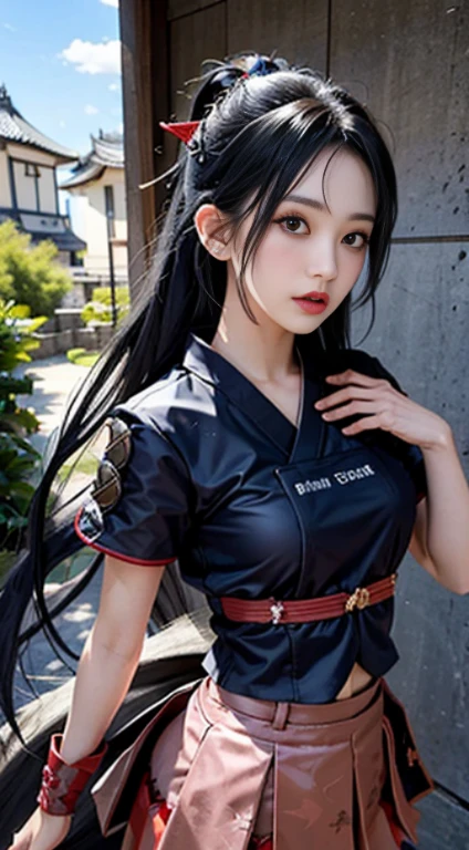 Samurai armor、Kunoichi,ninjartist、red skirt mini skirt、hide mouth、oriental, Half blue and half black hair:1.2、 detaileds, 1 rapariga, Beautiful fece, 8K, The artwork, wall-, 、 (is standing),Fractal Art、 up skirt, cammel toe, string, pantyshot, 细致背景、jpn、Japanese castle