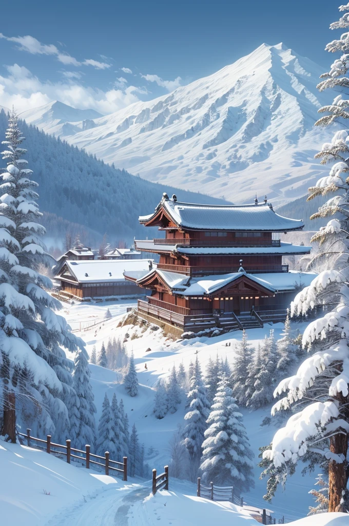 (Best Quality, 8K, masutepiece :1.3), snow mountains, Quiet snow-capped landscape, Breathtaking natural landscapes, Outside, traditional japanese building, quiet mountain resort, A quiet winter wonderland, Snow-covered peaks, Majestic beauty, pristine white snow,