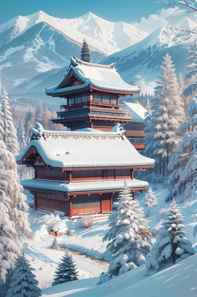 (Best Quality, 8K, masutepiece :1.3), snow mountains, Quiet snow-capped landscape, Breathtaking natural landscapes, Outside, traditional japanese building, quiet mountain resort, A quiet winter wonderland, Snow-covered peaks, Majestic beauty, pristine white snow,