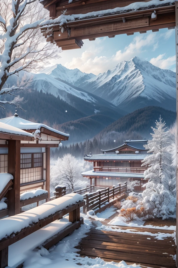 (Best Quality, 8K, masutepiece :1.3), snow mountains, Quiet snow-capped landscape, Breathtaking natural landscapes, Outside, traditional japanese building, quiet mountain resort, A quiet winter wonderland, Snow-covered peaks, Majestic beauty, pristine white snow,