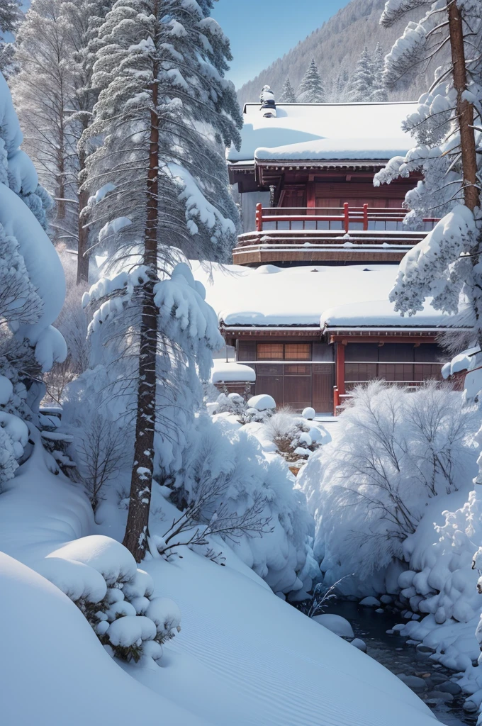 (Best Quality, 8K, masutepiece :1.3), snow mountains, Quiet snow-capped landscape, Breathtaking natural landscapes, Outside, traditional japanese building, quiet mountain resort, A quiet winter wonderland, Snow-covered peaks, Majestic beauty, pristine white snow,