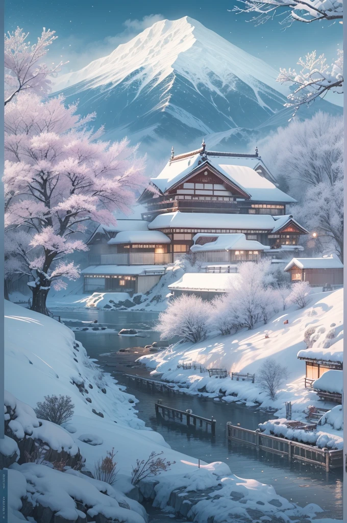 (Best Quality, 8K, masutepiece :1.3), snow mountains, Quiet snow-capped landscape, Breathtaking natural landscapes, Outside, traditional japanese building, quiet mountain resort, A quiet winter wonderland, Snow-covered peaks, Majestic beauty, pristine white snow,