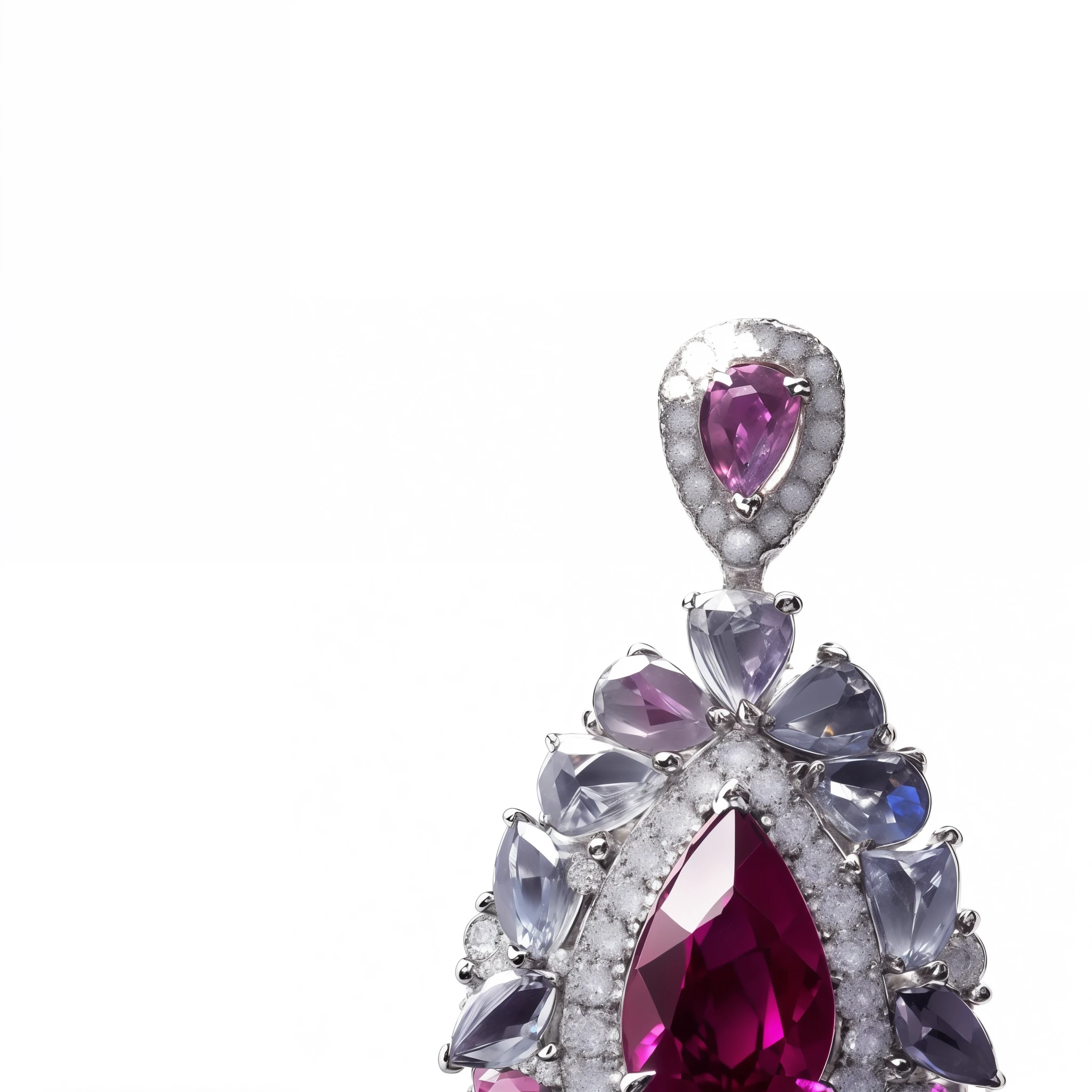Close-up of a pendant with pink and white diamonds on a small chain, on a black background, Jewelry photography, Pendant, dazzling gem in the handle, pink diamonds, Platinum jewelry, decorative colored gemstones, gems, red emerald, Rubies, diamond and rose quartz, gems, decorative colored gemstones and crystals, chaumet style, red beryl, Bulgari style, ornate gemstones